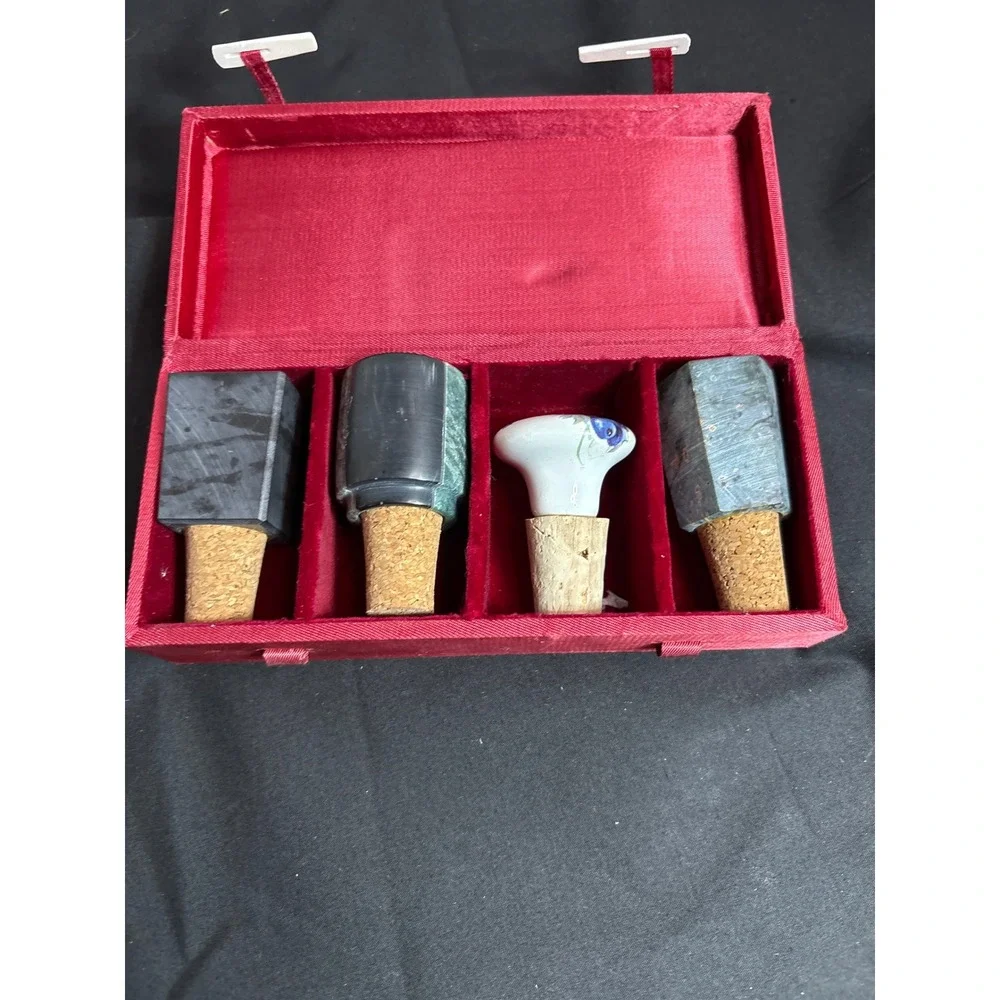 Vintage Wine Bottle Stoppers in Red Silk Lined Presentation‎ Box Set